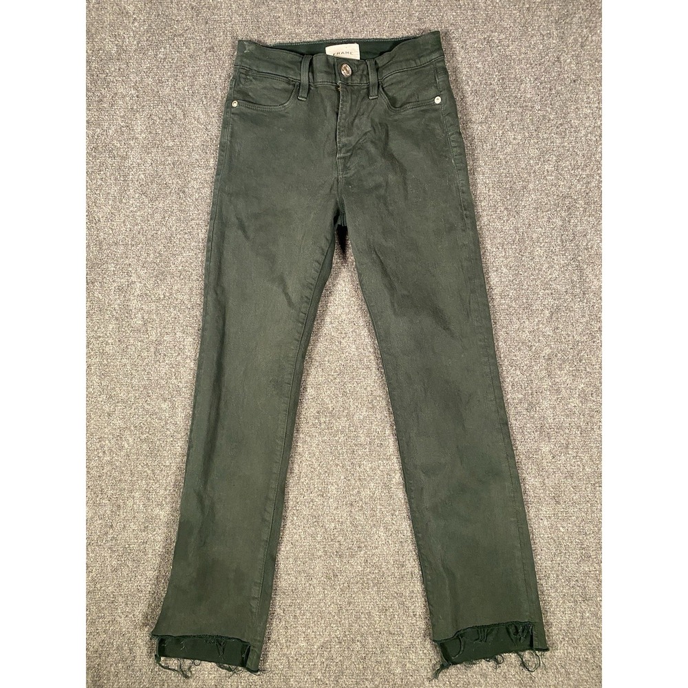 Frame Denim Le High Straight Fit Denim Jeans Green Size 25 Mid -Rise Frayed Hem